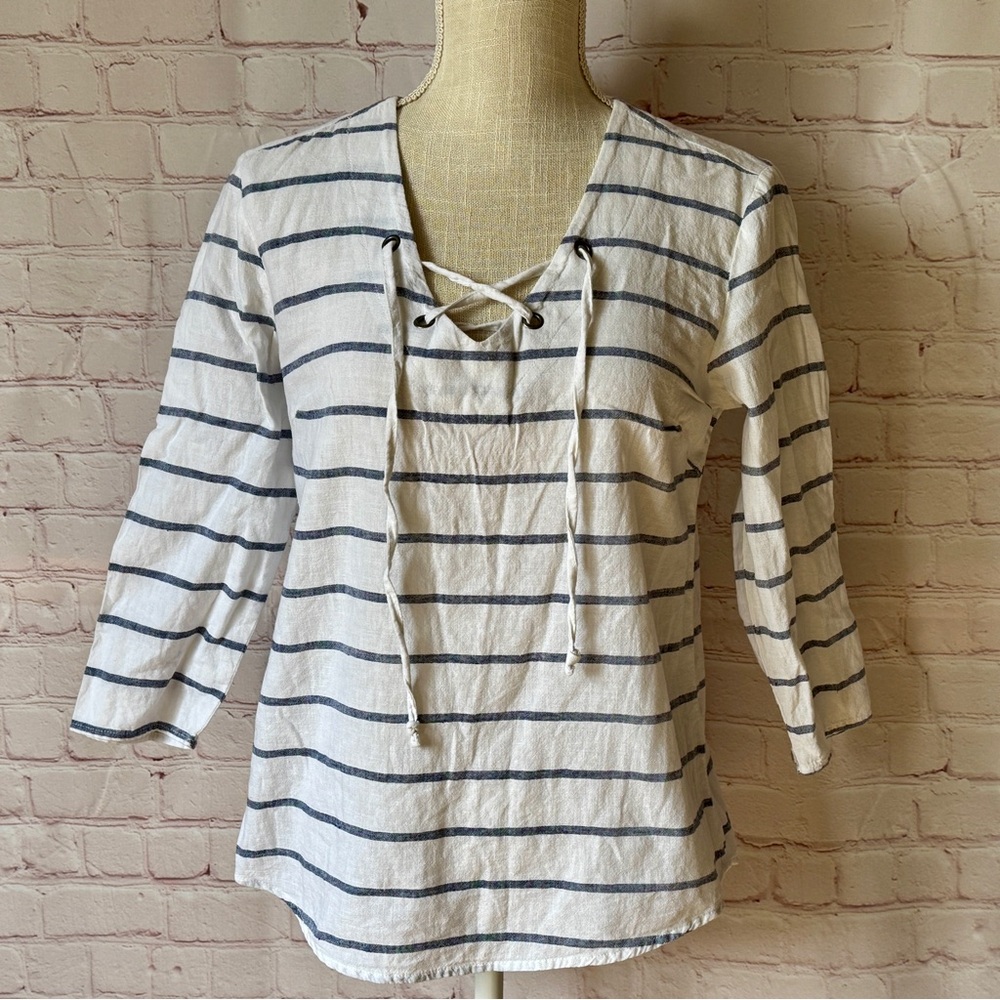 Sunday Linen Top Striped White Navy V-Neck Ties 3/4 Sleeve Hi Lo Shirt O 2 XS